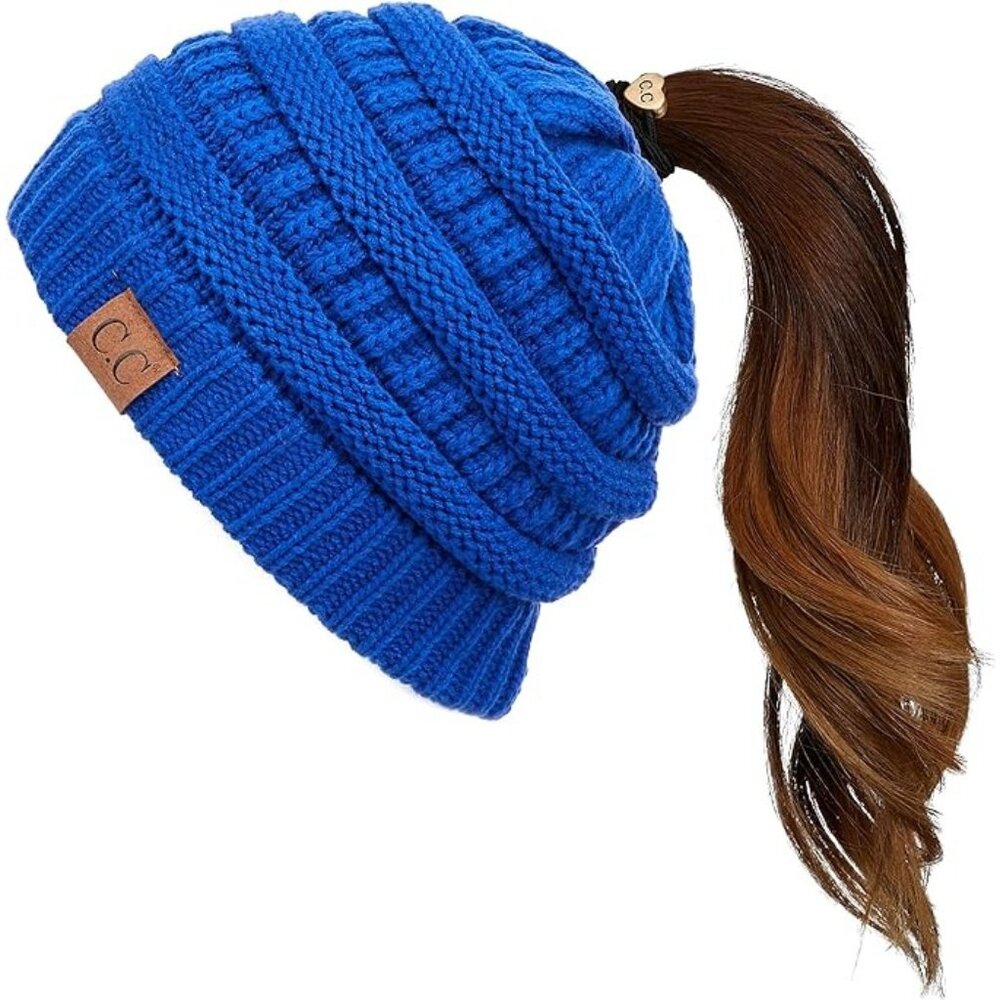 C.C Exclusives Soft Stretch Cable Knit Messy Bun Ponytail Beanie Winter Hat